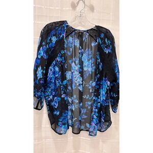 Express Floral Kimono Cardigan Blue Purple Lace Crochet Trim Sheer Chiffon XS